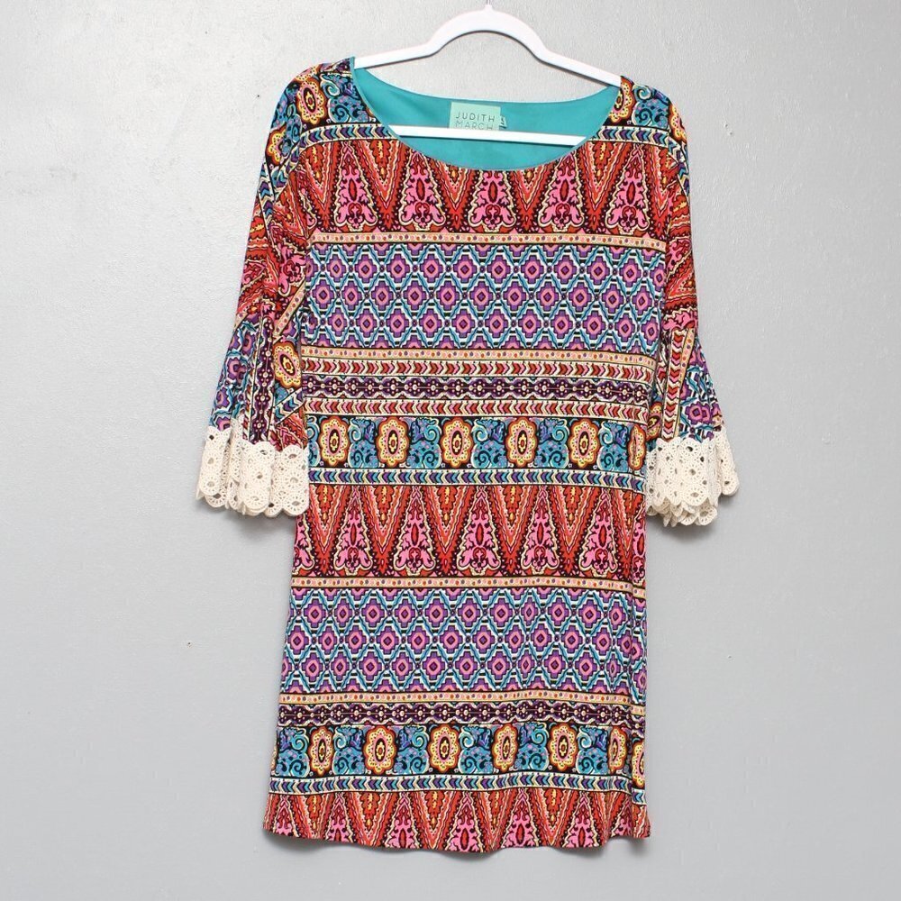 ANTHROPOLOGIE JUDITH MARCH Crochet Bell Sleeve geometric aqua multi Dress